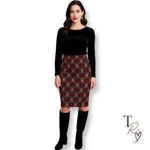 LuLaRoe NWT Cassie Pencil Skirt Red/Black/Gold Geometric Pattern Size Small